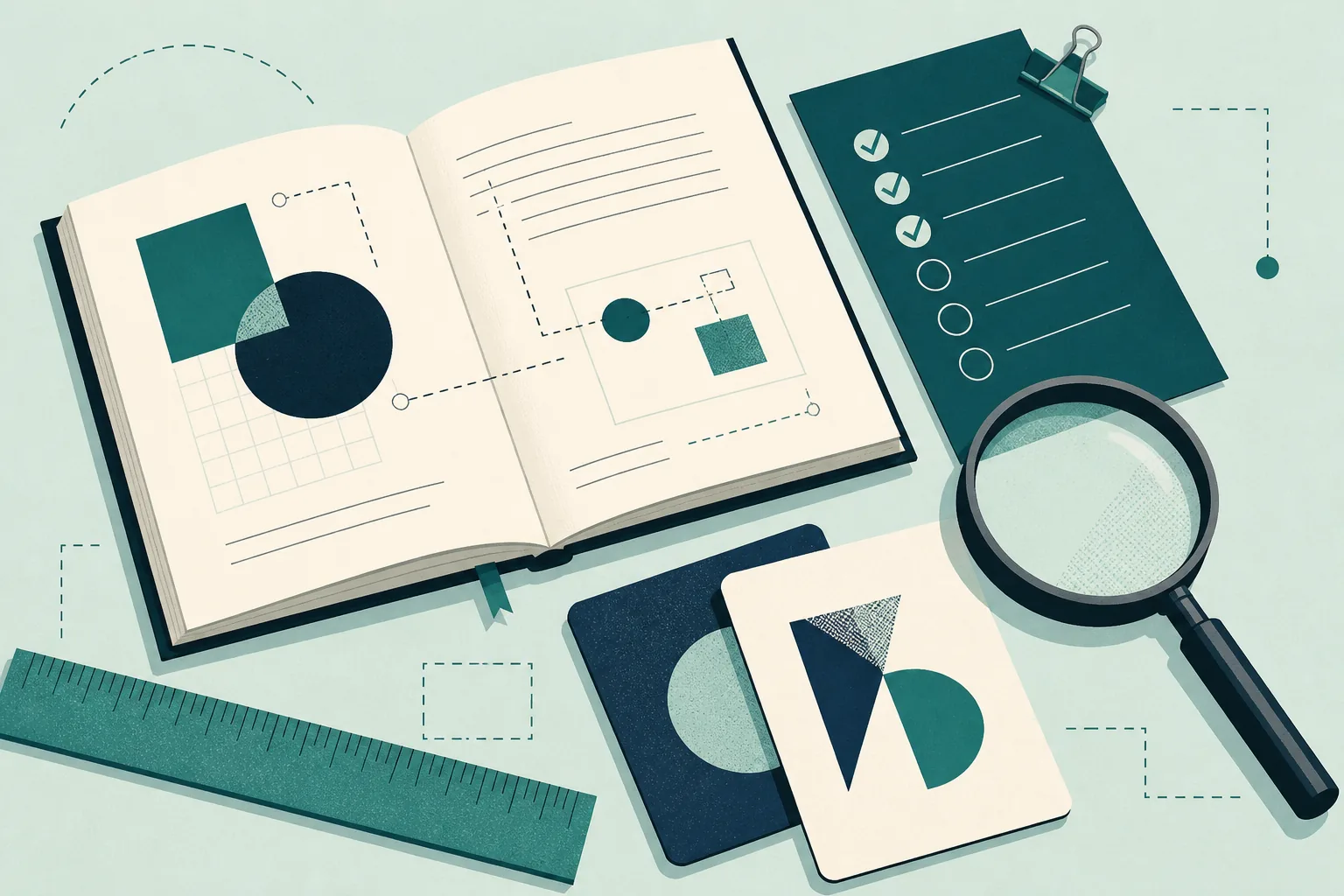 Reviewer notebook, checklist, ruler and magnifying glass arranged on a desk
