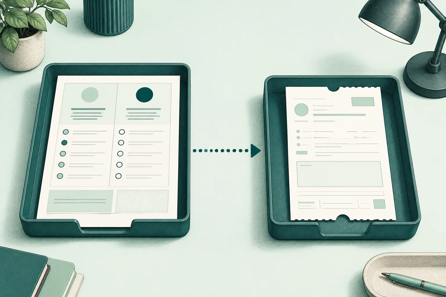 Two editorial document trays connected by a dotted routing line