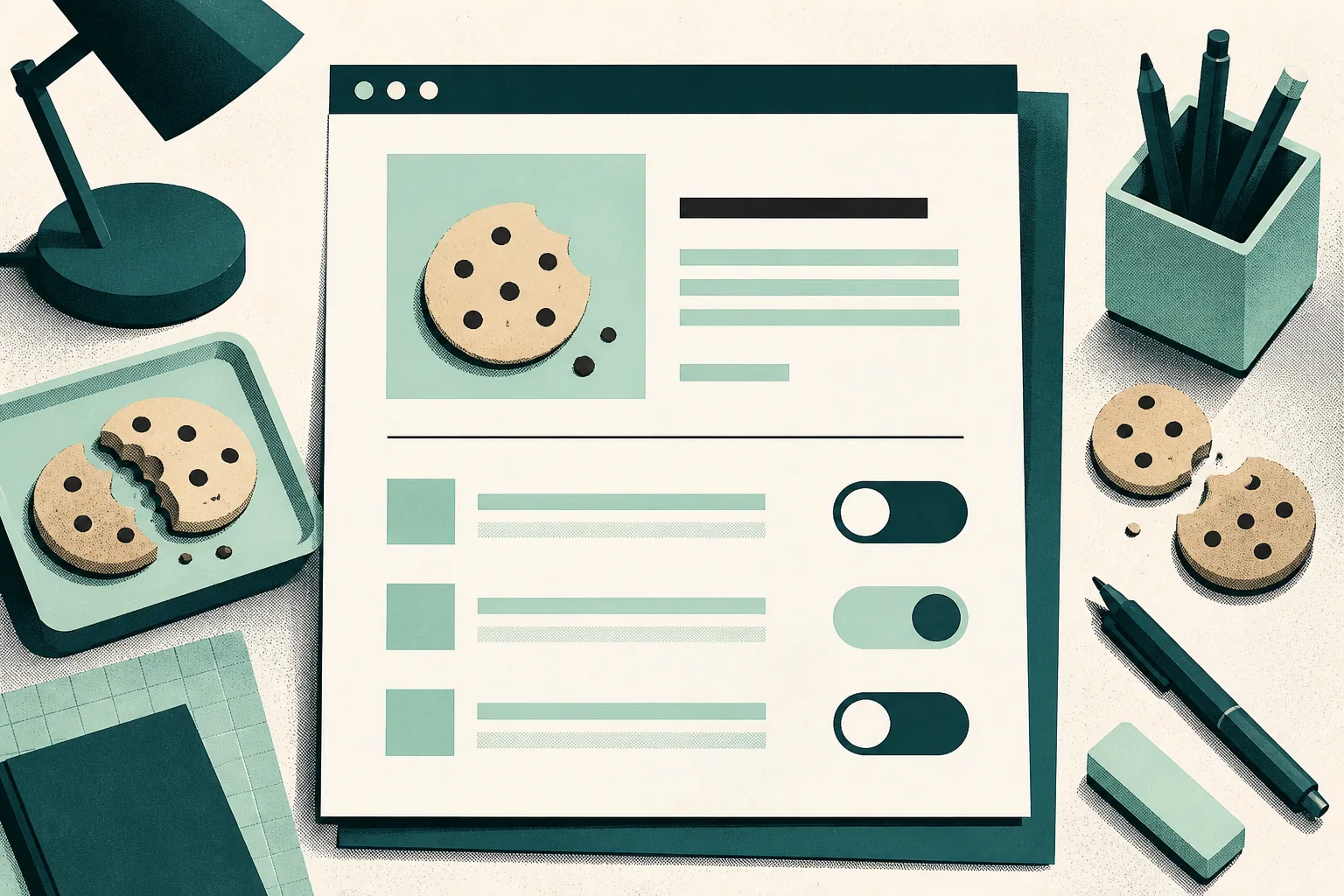 Browser settings sheet with cookie shapes and privacy toggles