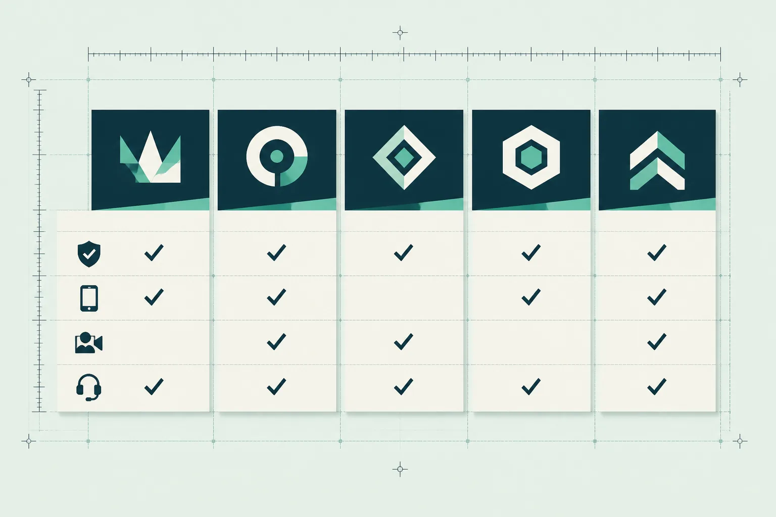 Editorial illustration of five operator scorecards aligned to a measuring grid