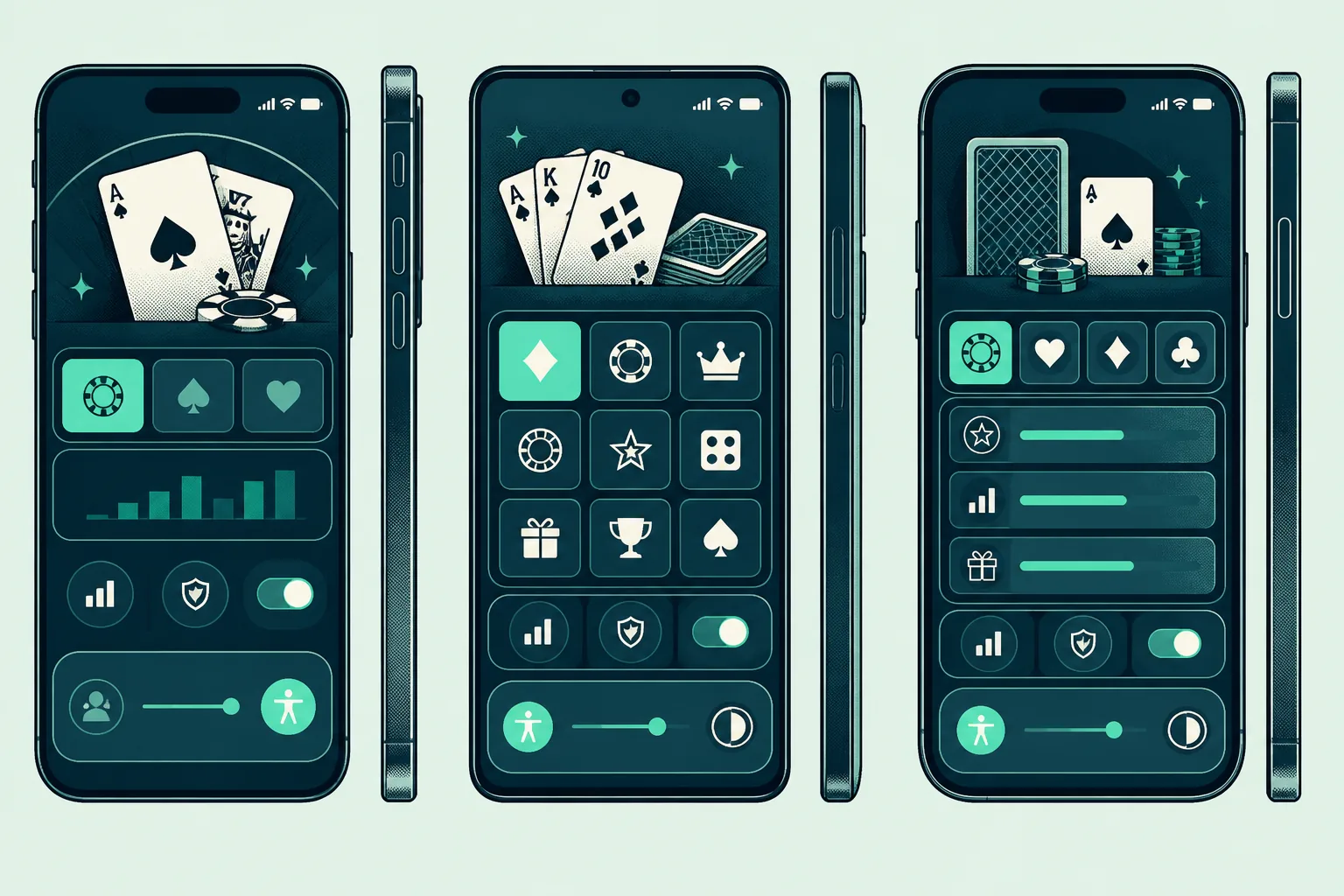 Three generic smartphones showing different casino interface layouts
