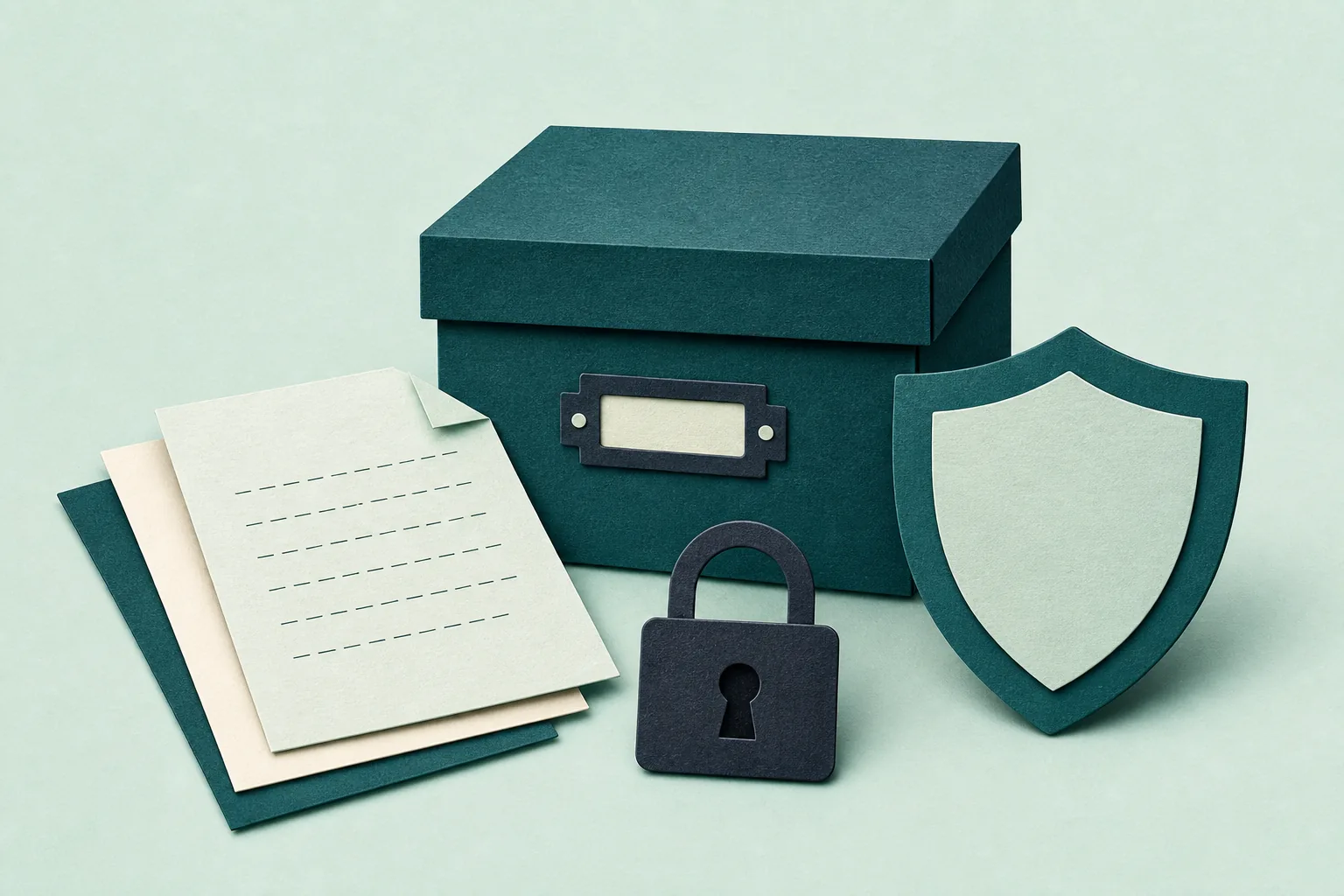 Filing box, documents, padlock and privacy shield
