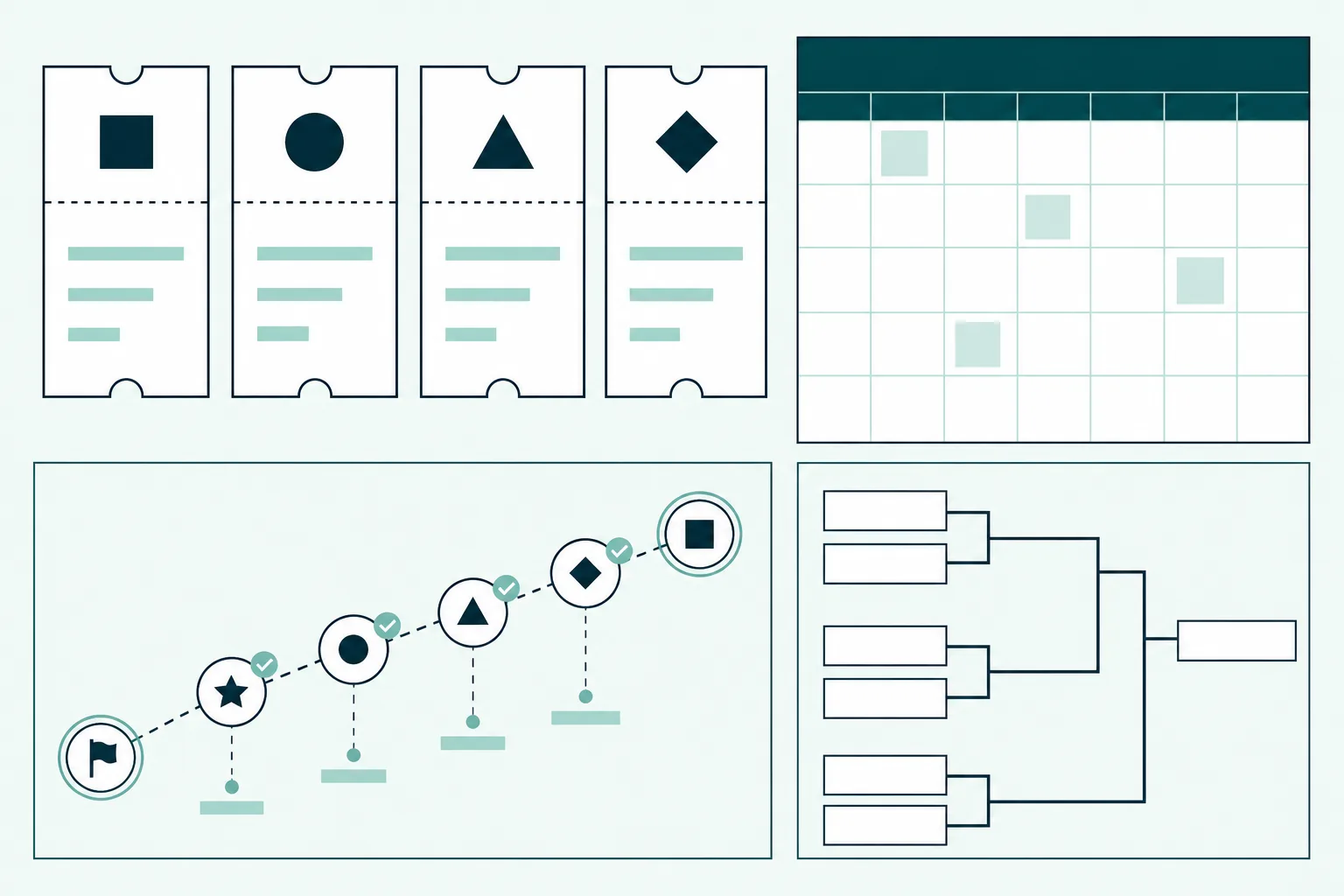 Editorial diagram of voucher, calendar, mission path and tournament bracket formats