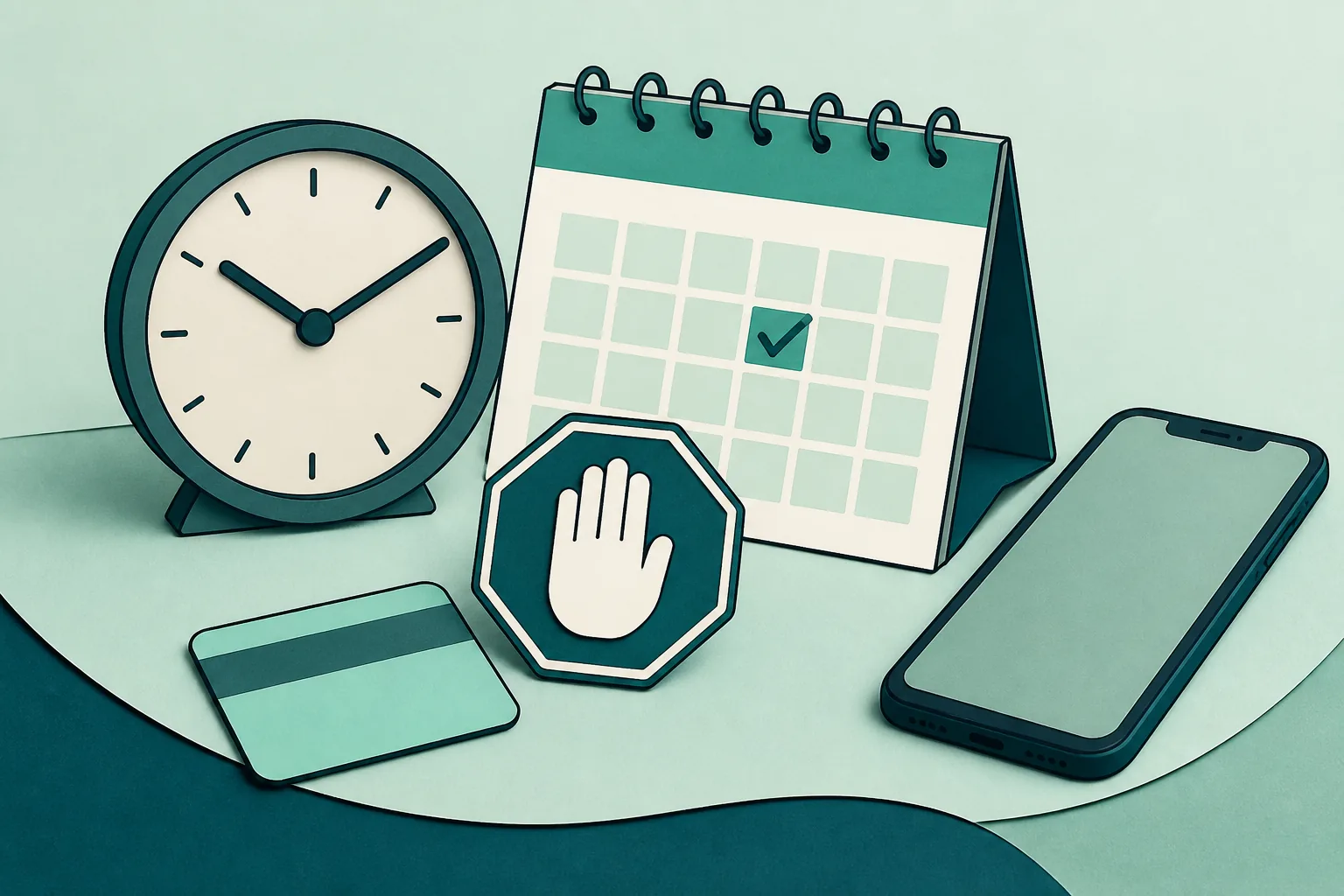Clock, calendar, stop marker and phone representing safer gambling tools