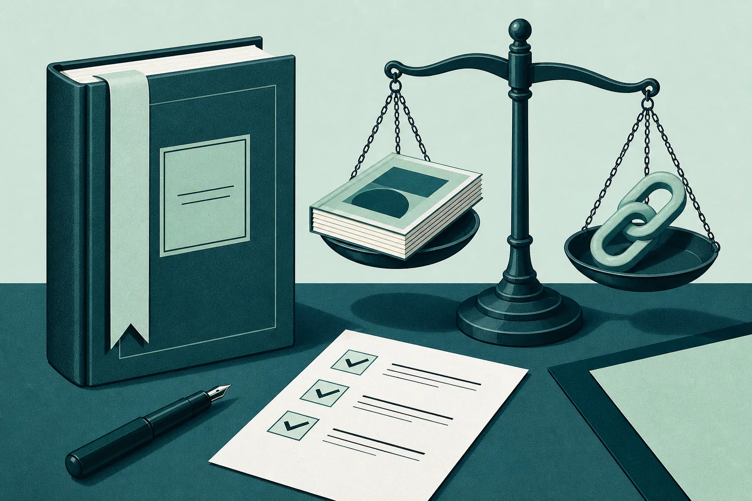 Policy book, balanced scales, link symbol and checklist
